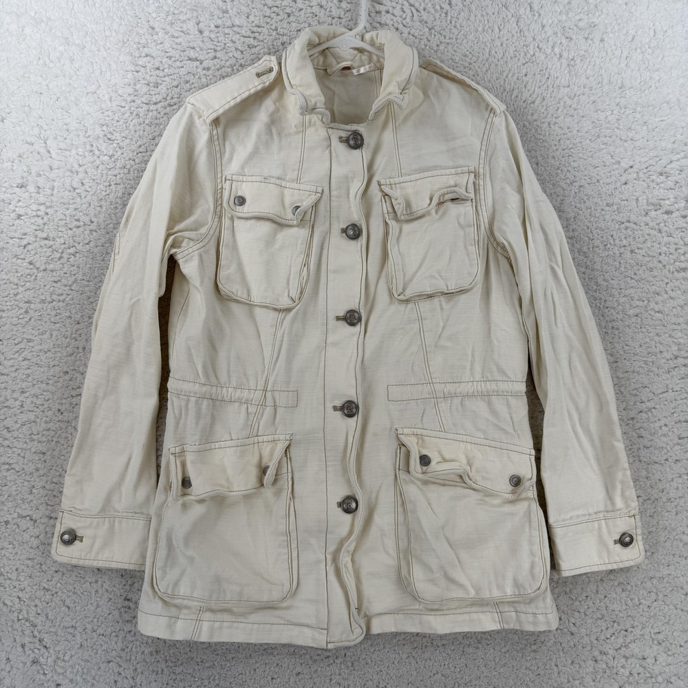 Free People Jacket Womens Small White Cotton Twill Military Zip Pockets Utility